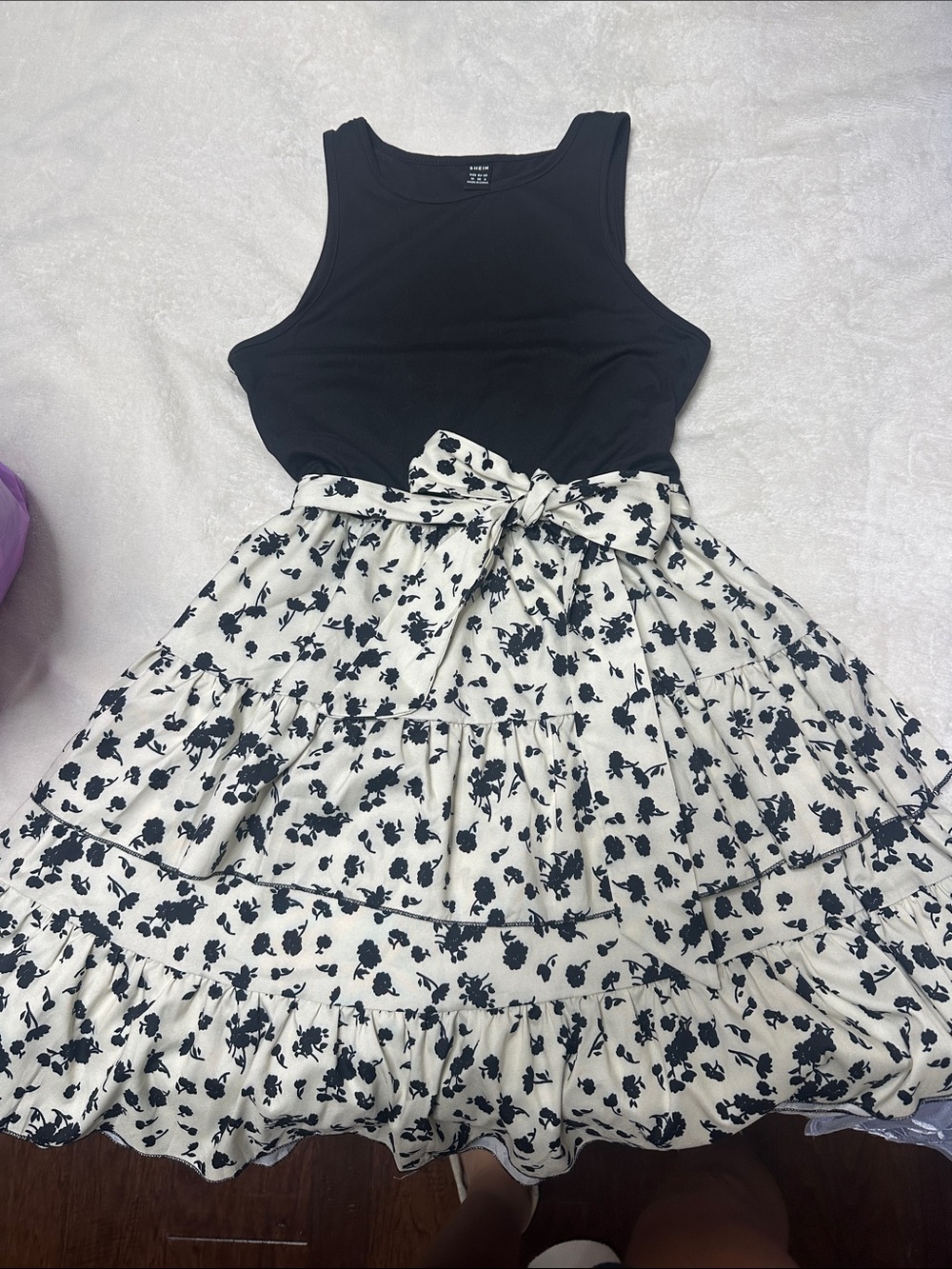 SHEIN Black Tank Top with White Floral Tiered Skirt